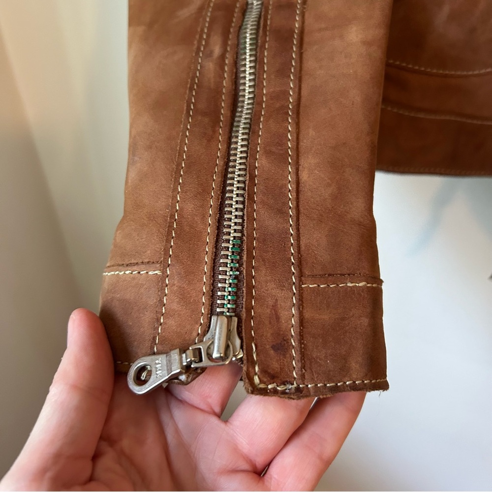 Roots Tan Brown Nubuck Leather Moto Jacket Tab Collar Zip Up - Sz 6 - Picture 12 of 16